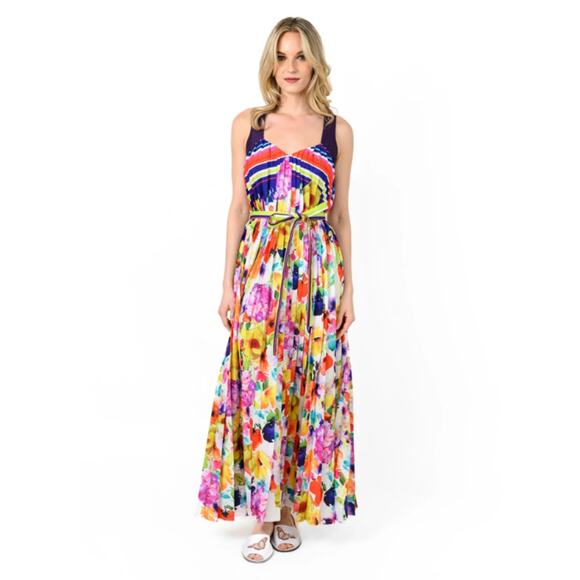 Cenia NY Sunburst Pleated Trapeze Maxi Floral Multicolor Sz 4 - Picture 1 of 8